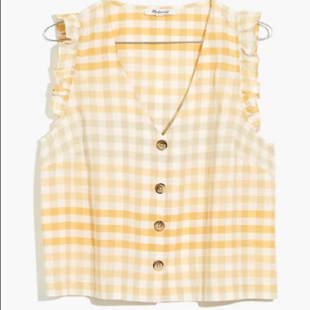 100% cotton Madewell Gingham Blouse ombré yellow ruffle sleeve button front tank